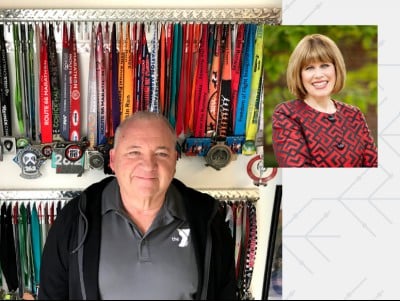 Bobby Ballard at home with his collection of medals earned since beginning his fitness journey in 2010. (Photo by Jane Ballard)