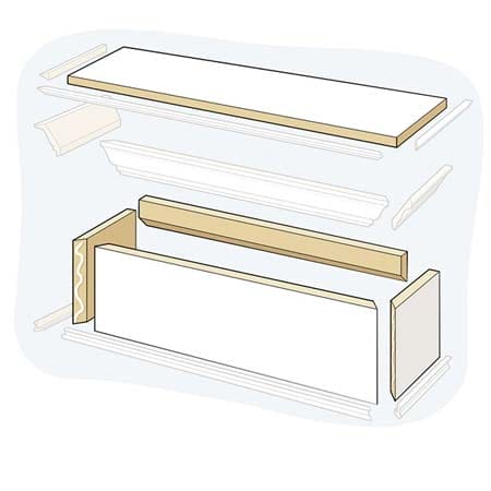 An unlabeled diagram showing all the parts of a window cornice