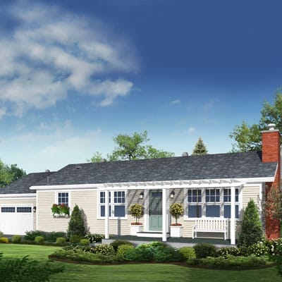Digital illustration of a renovated ranch.