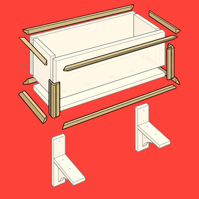 An illustration highlighting the molding pieces of a PVC window box.