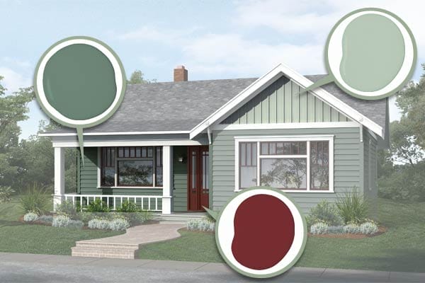 Paint dabs over digital illustration showing colors of siding, trim, and front door.