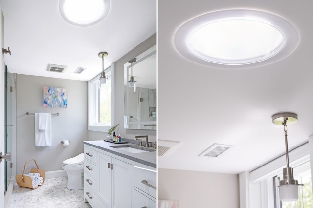 a skylight in a bathroom creating bright natural light