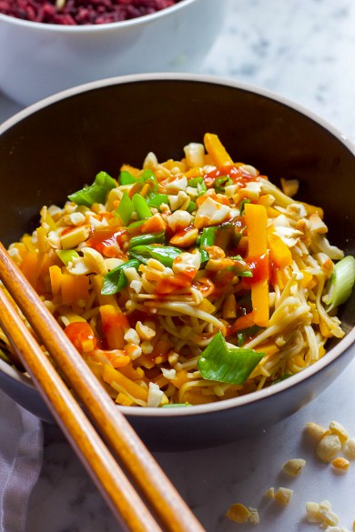 Pumpkin and Enoki Mushroom Salad with Sriacha Sauce