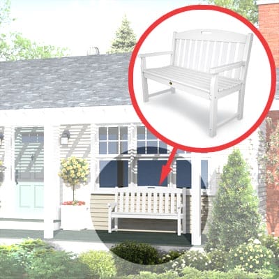 White bench on front porch.
