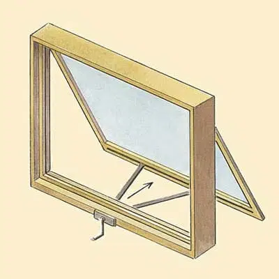 Illustration of awning and hopper wood windows.