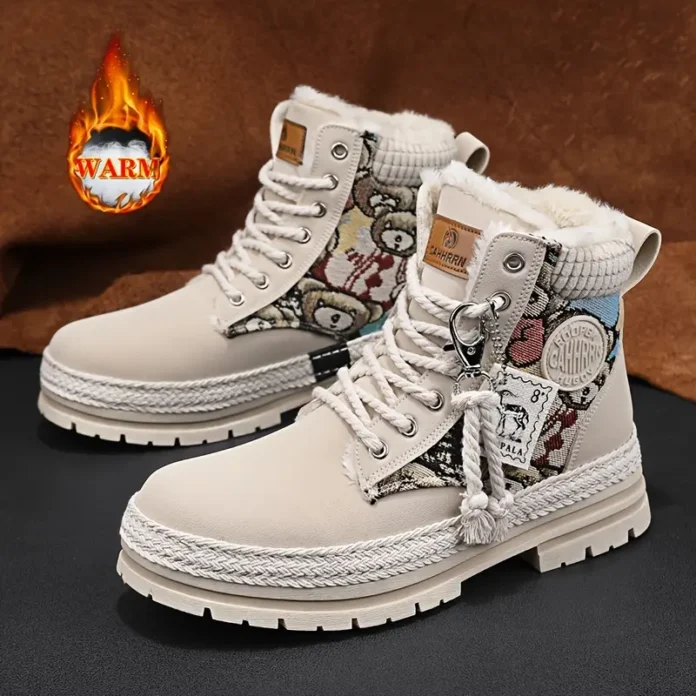 Men’s Stylish Graphic Motorcycle Boots, Windproof Anti-skid High-top Lace-up Boots For Outdoor Walking Trekking Hiking, Autumn And Winter
