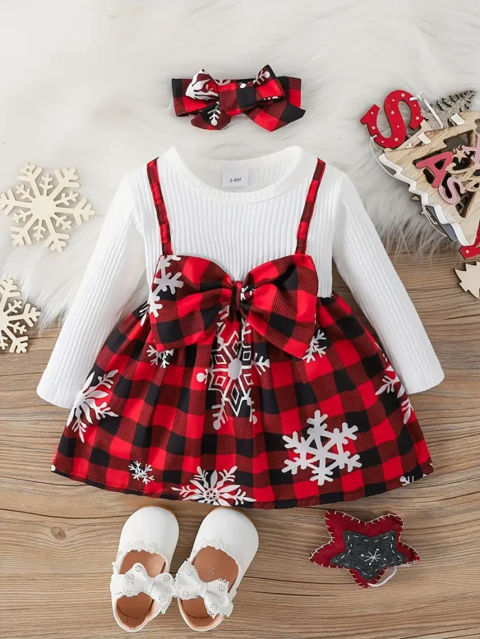 Girls’ Christmas Plaid Dress with Snowflake Print, Cute Bowknot, Long Sleeve, Cotton Knit, Round Neck, Toddler Outfit Set with Headband, Size 118.11-236.22inch
