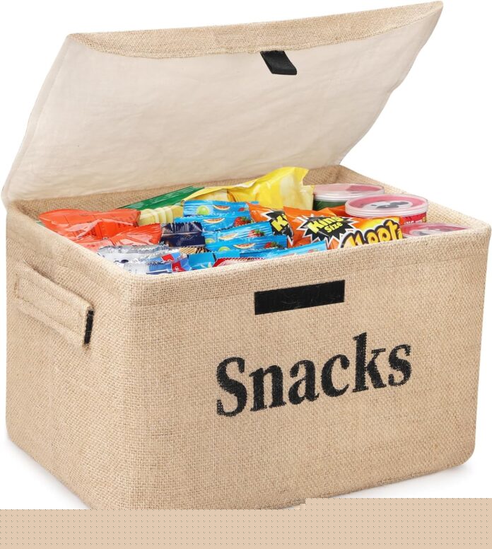Snack Storage Basket Bin with Lid for Pantry Shelves, Burlap Snack Organizer Fabric Storage Basket with Metal Frame, Collapsible Storage Bin for Kitchen Office Countertop