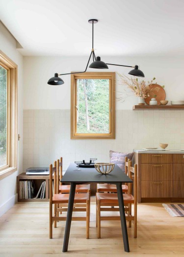 Regan Baker Design The Knolls kitchen and dining makeover with cream wall tiles.