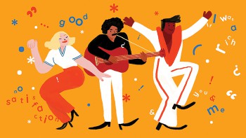 illustration of a group of people dancing happy that they aren't listening to popular songs with bad grammar