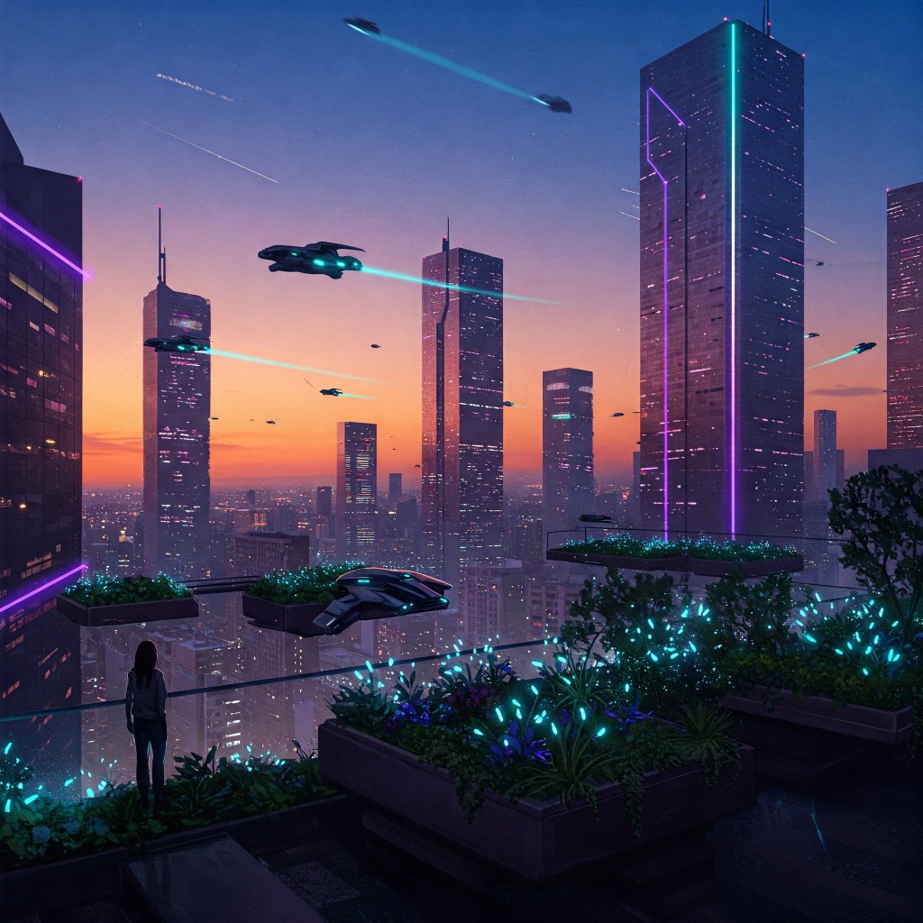 Digital illustration in oil painting style of a skyline generated by Google Gemini.