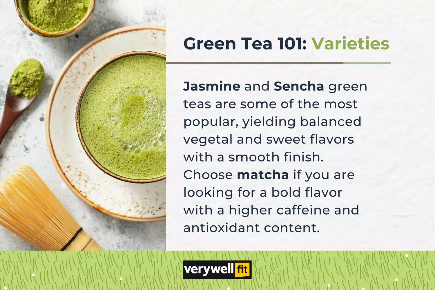 Comparing green tea varieties, including jasmine, Sencha, and matcha.