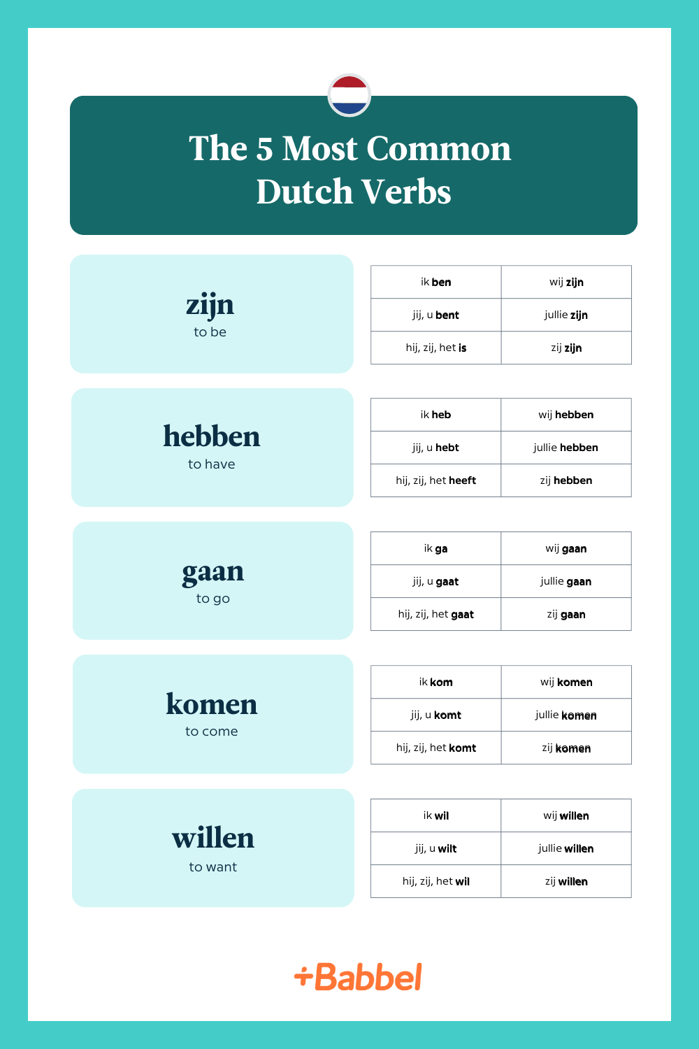 The top 5 Dutch verbs including zijn, hebben, gaan, komen and willen.