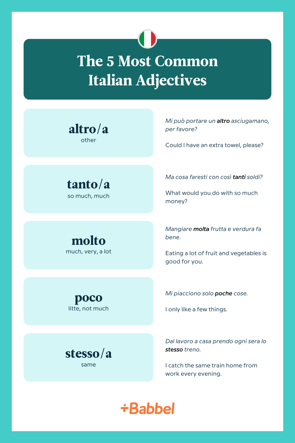 The top 5 Italian adjectives with examples for altro, tanto, molto, poco and stesso.