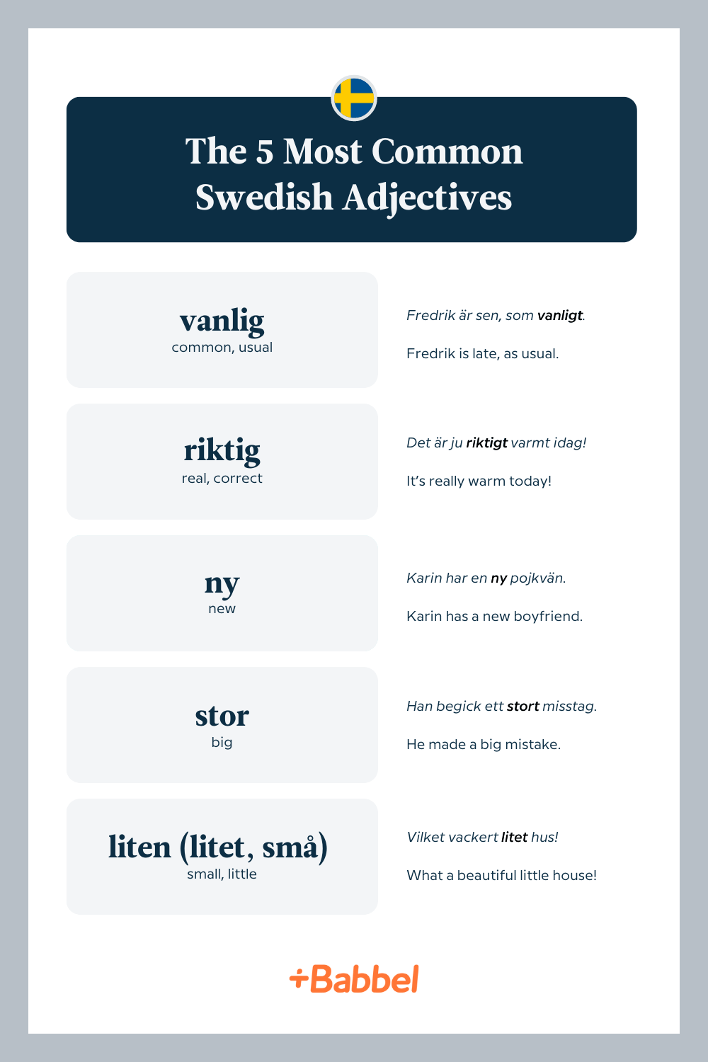 The top 5 Swedish adjectives featuring vanlig, riktig, ny, stor and liten.