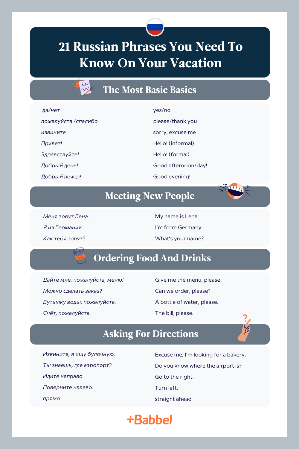 Russian cheat sheet with 21 useful phrases for your vacation, as expanded on below.