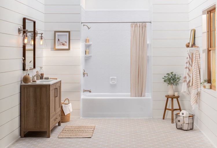 Country chic bathroom with geometric floor tile.