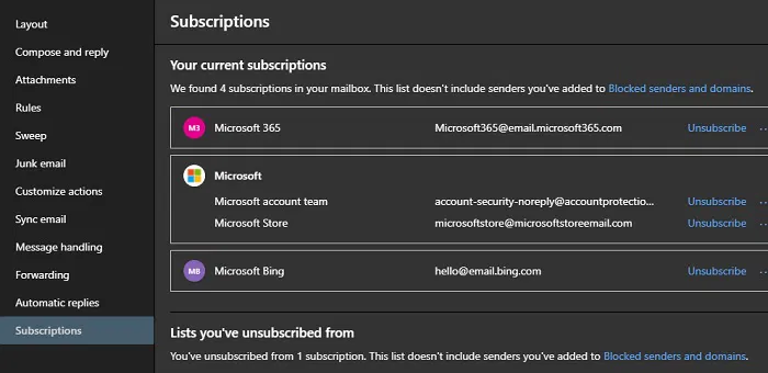 All Accounts Email Oulook Subscriptions 2