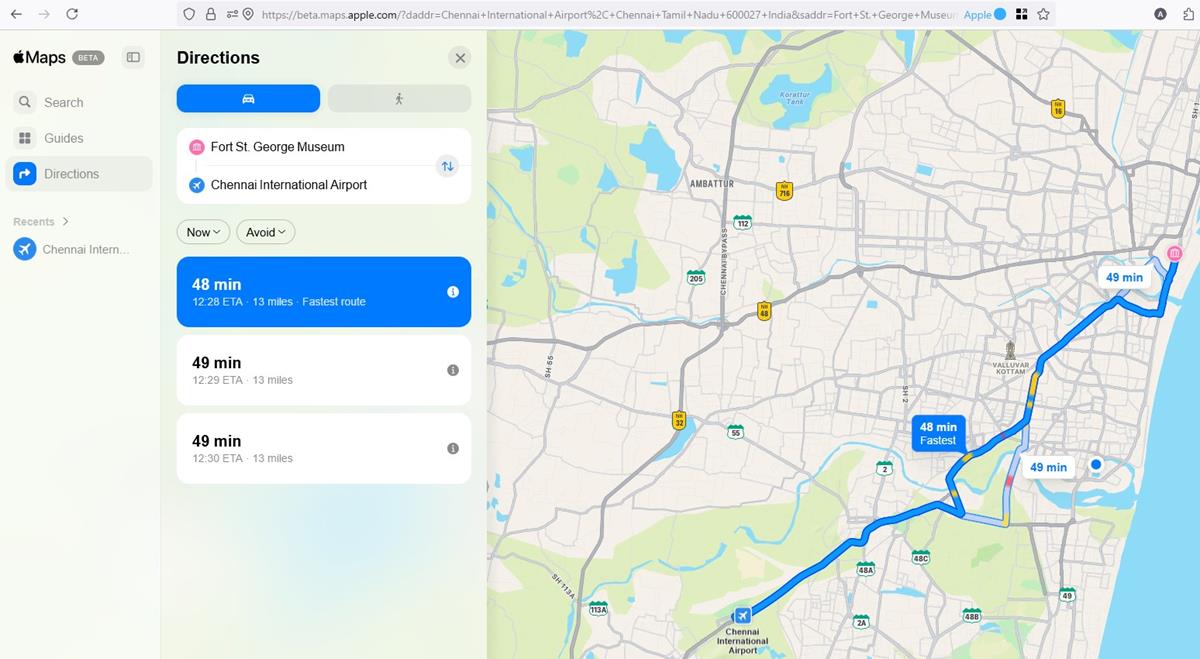 Apple Maps on the web driving directions