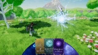 A beautiful lush landscape with two characters fighting with spells and powers, with power cards on display.