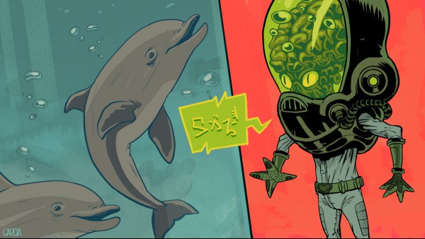 An illustration of alien communication with dolphins