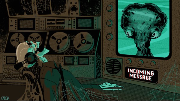 An illustration of a skeleton trying to talk to an alien to show how long it would take to get a response from outerspace