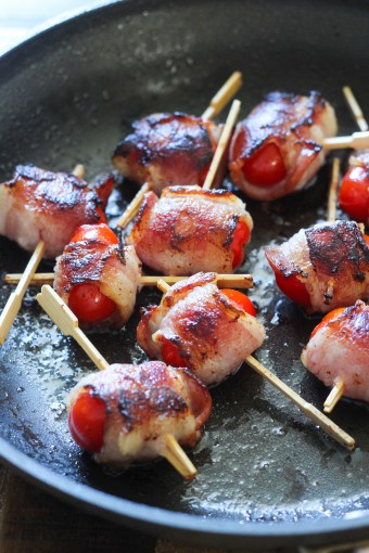 Pan fry the Bacon Wrapped Tomatoes