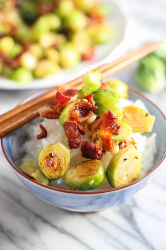 Bacon with Brussels sprouts in a bowl