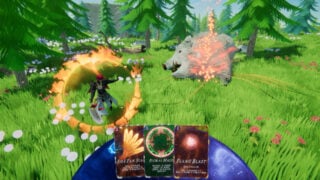 A beautiful lush landscape with a character fighting a large boar with different spells and powers, along with a display of few power cards.