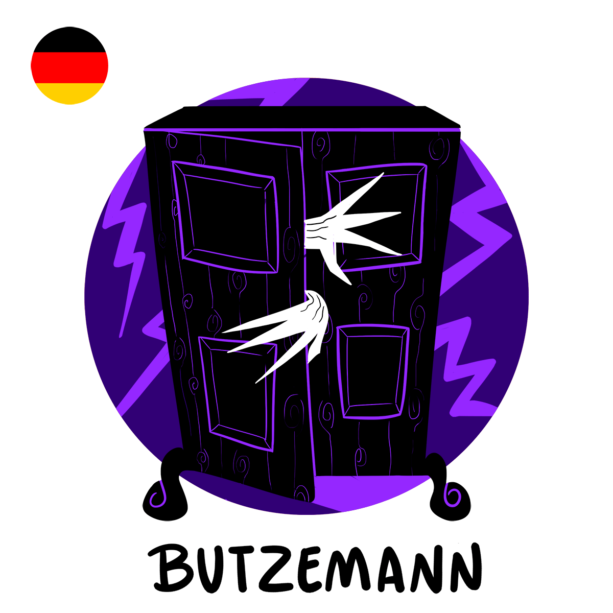  illustration of Butzemann, the german boogeyman, coming out of a wardrobe