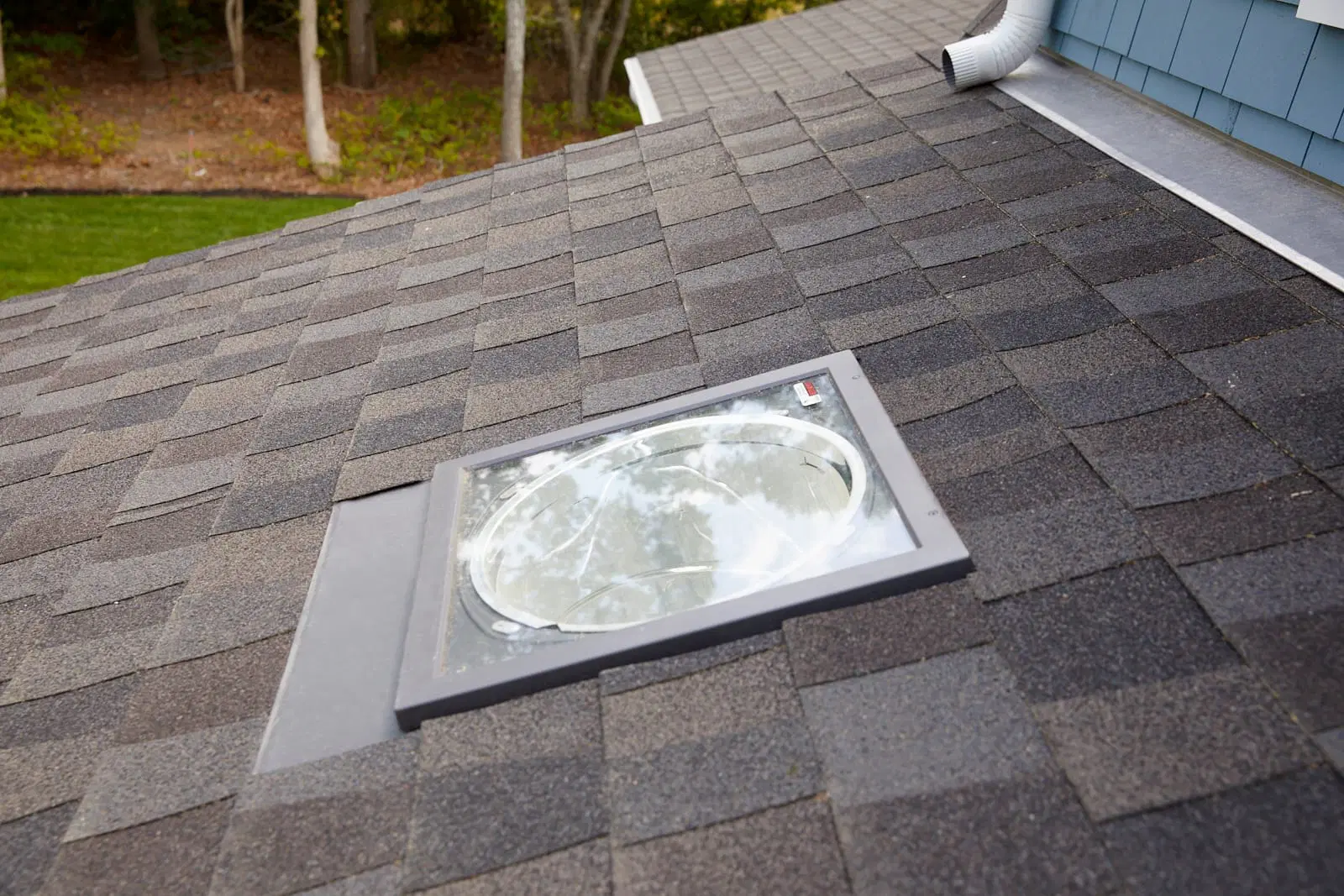 the exterior of a skylight on a roof