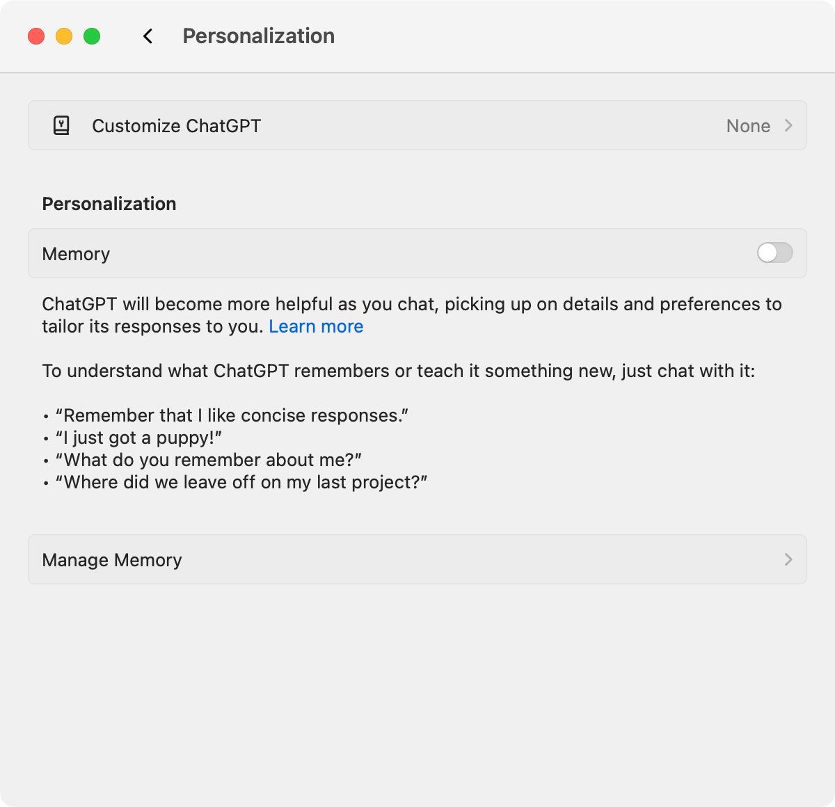 ChatGPT for Mac memory