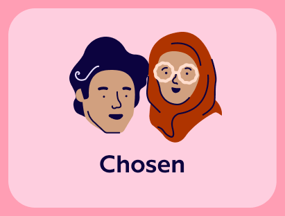 An illustration with the text "Chosen" showing a man with large blue hair and a woman with a hijab wearing glasses.