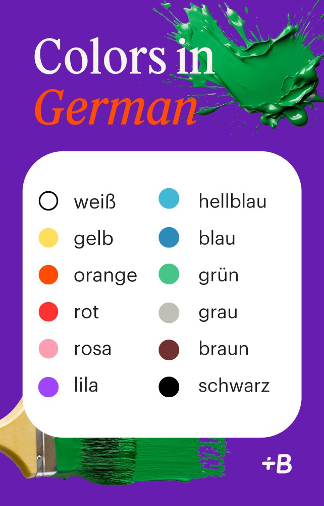 An infographic of the basic colors in German.