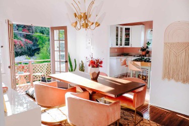 Mid-century modern dining room with a bohemian flair.