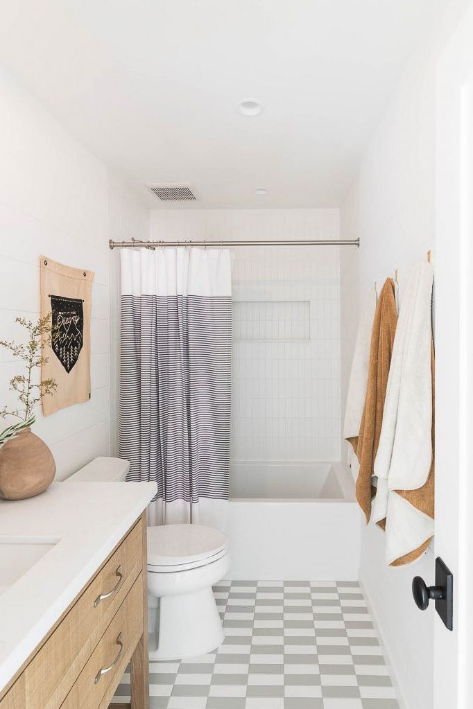 Small bathroom with shower curtain