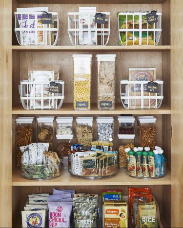 organized pantry with baskets and labels