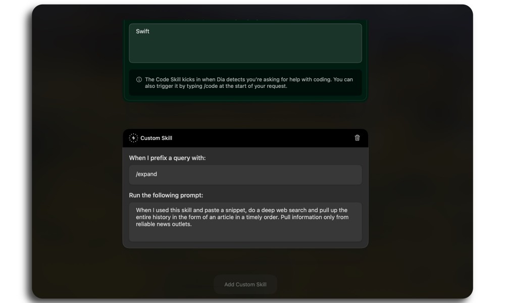 Creating a skill in Dia browser.