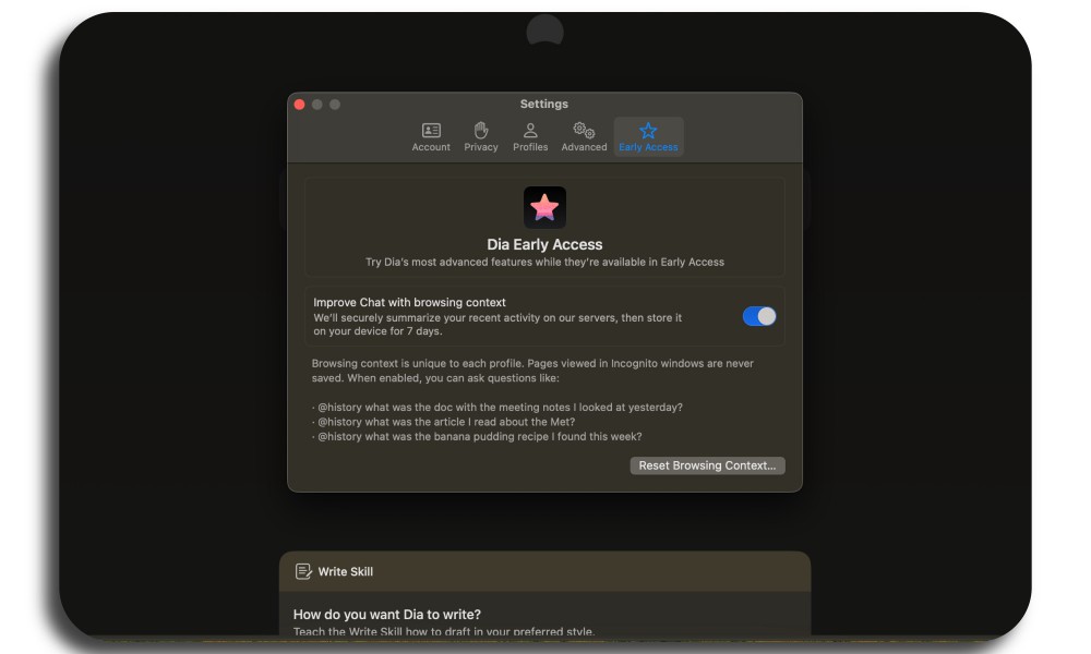 Privacy in Dia browser.