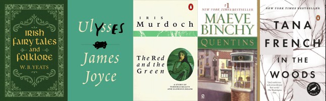 Fiction Books About Dublin with the covers of Fairy Tales and Folklore of Ireland, Ulysses, The Red and the Green, Quentins and In The Woods