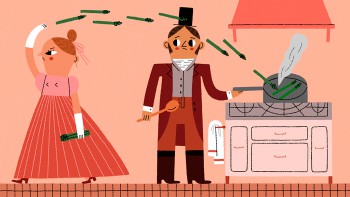 illustration of woman throwing asparagus into a frying pan spanish swear words