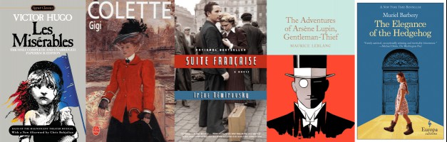 Fiction about Paris including the covers of Les Miserables, Gigi, Suite Francaise, The Adventures of Arsene Lupin and The Elegance of the Hedgehog