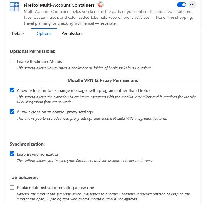 Firefox Multi Account Containers Options