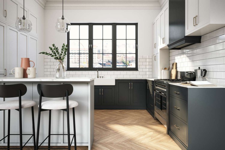 herringbone pattern wood kitchen floor transitional kitchen