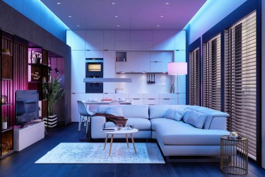 living room with colored LED smart lighting