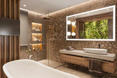 Luxury apartment bathroom with bathtub, TV screen, shower, sink, big mirror with LED light
