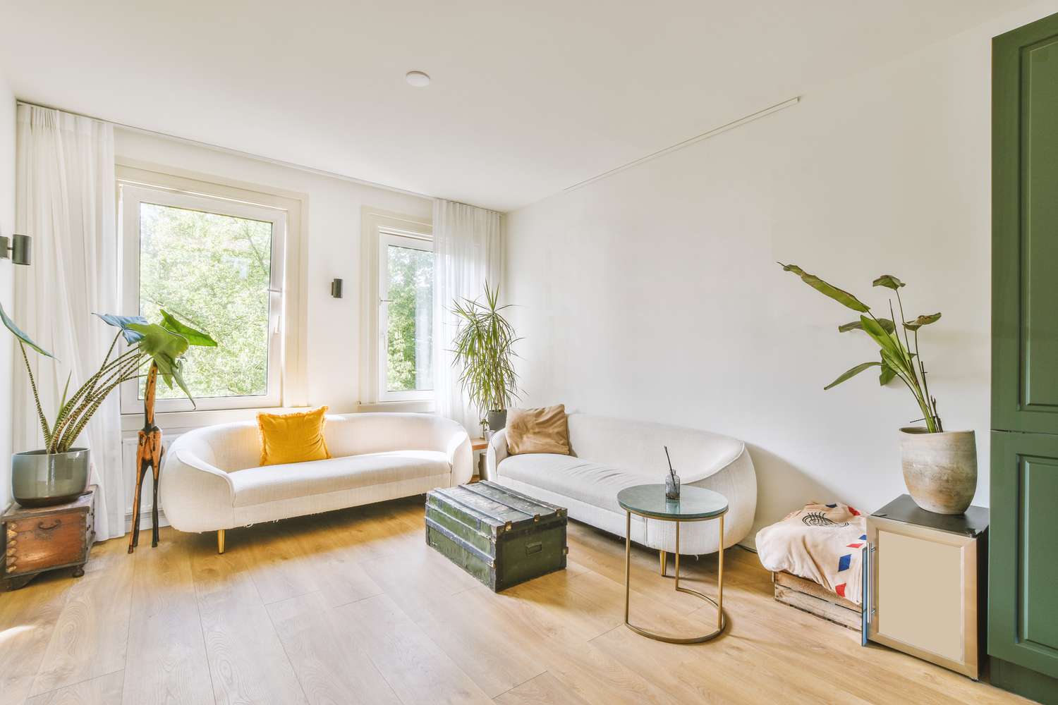 A cozy living room decorated with indoor plants and several soft sofas with a table in the form of a wooden box