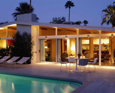 A gabled roof on a mid-century modern home.