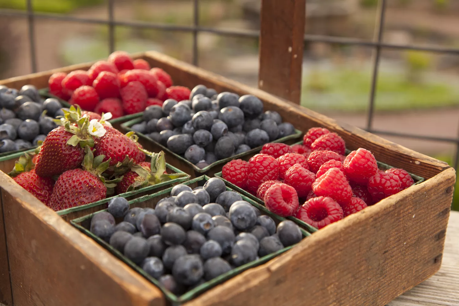 Wooden container with blueberries, raspberries, and strawberries
