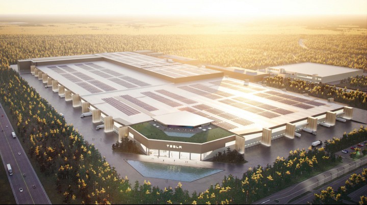 A rendering of the Berlin-Brandenburg Tesla Gigafactory - Is Berlin going bilingual?